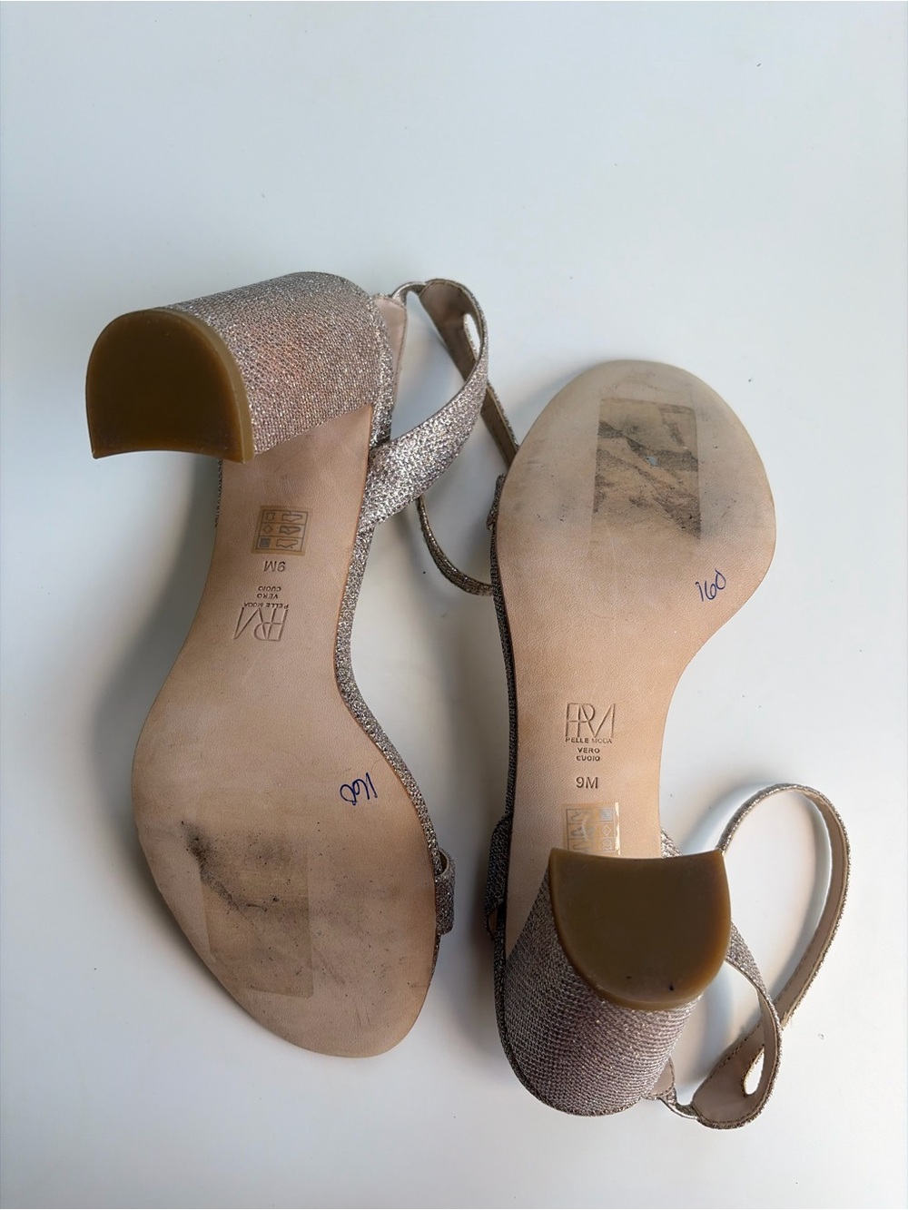 🌾Pelle Moda Size 9M Rose Gold Glitter Ankle Strap Block Heel Sandals Party Chic - Picture 16 of 17